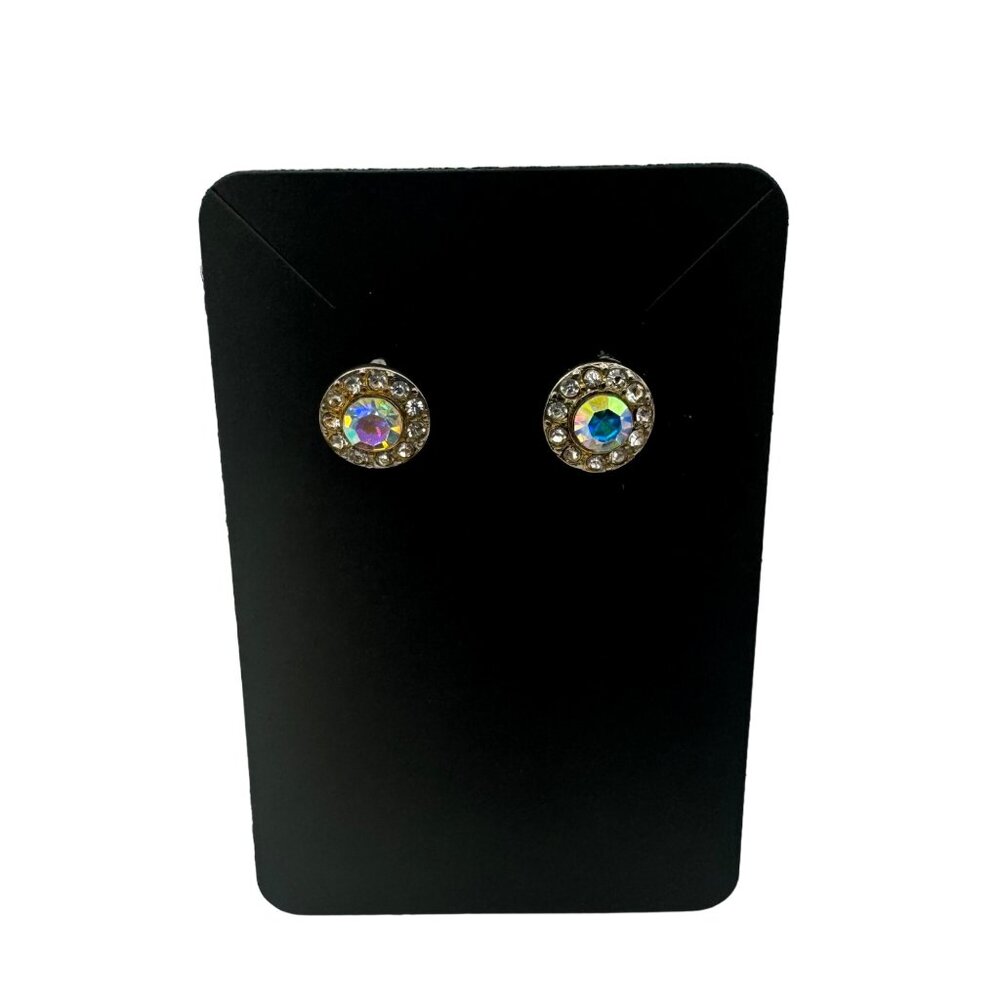 Vintage Rhinestone Stud Earrings Gold Tone Round Shape Multi-Color Crystals